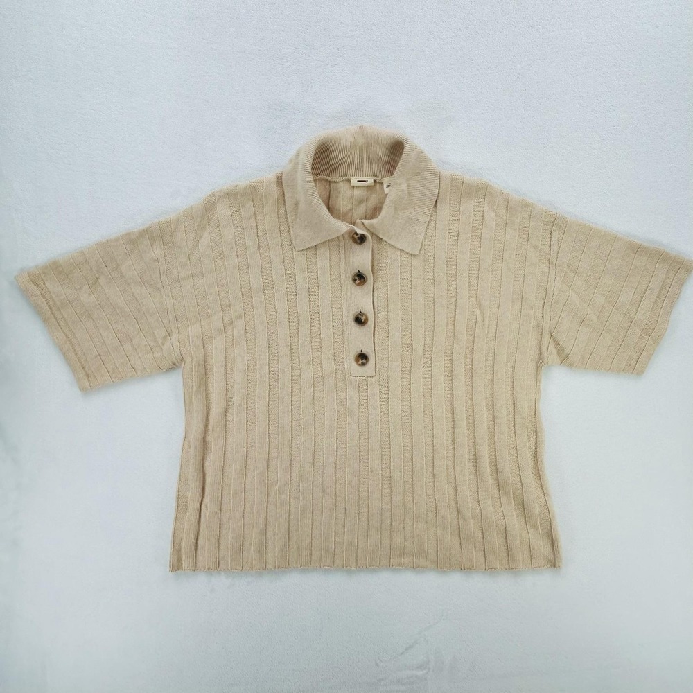 Levi's Sweater Womens Small Beige Collared Short Sleeve Button Polo Knit Ribbed